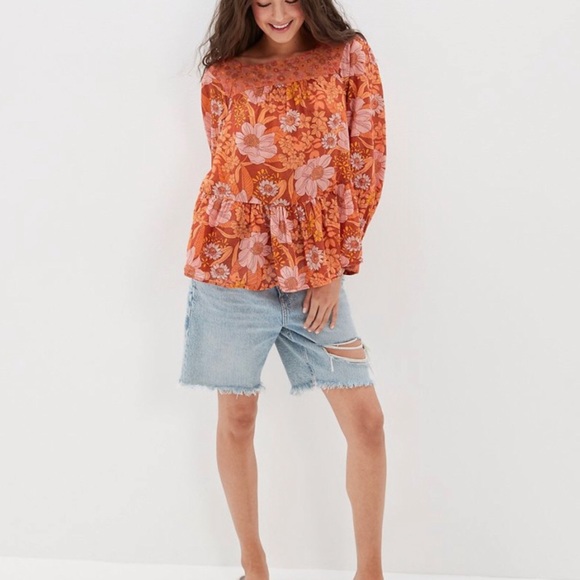 American Eagle Boho Oversized Long Sleeve Square Neck Peasant Blouse - Picture 3 of 8